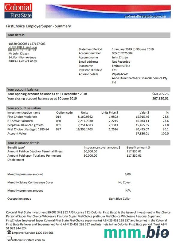 Szablon wyciągu bankowego Australia Colonial First State w formacie Excel i PDF, w pełni edytowalny